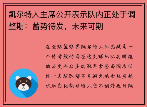 凯尔特人主席公开表示队内正处于调整期：蓄势待发，未来可期