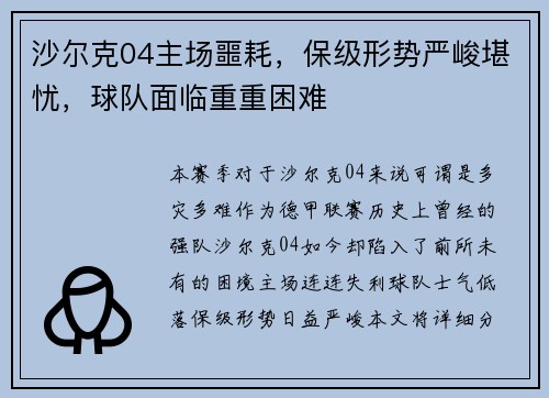 沙尔克04主场噩耗，保级形势严峻堪忧，球队面临重重困难