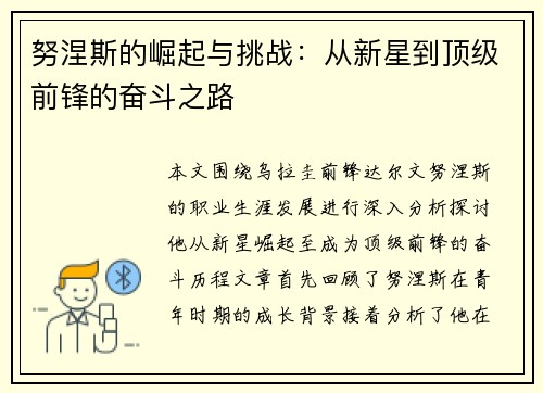 努涅斯的崛起与挑战：从新星到顶级前锋的奋斗之路