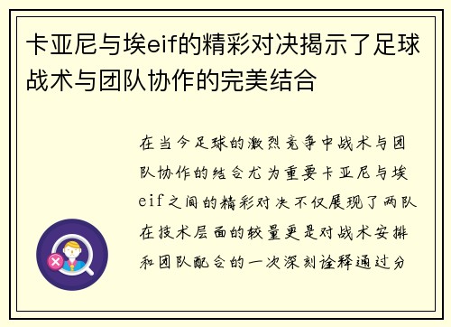 卡亚尼与埃eif的精彩对决揭示了足球战术与团队协作的完美结合
