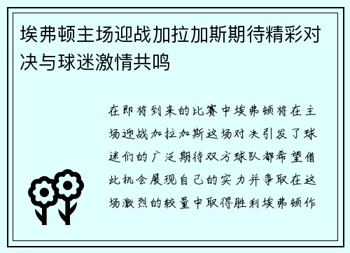 埃弗顿主场迎战加拉加斯期待精彩对决与球迷激情共鸣